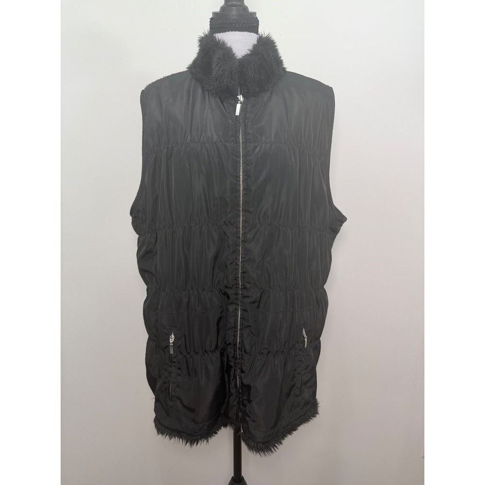 Chicos Black Mixed Media Puffer Knit Vest Faux Fur Collar Size 3 XL 4501621030